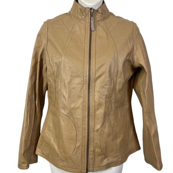 Chicos Womens Reversible Genuine Leather Metallic Silver & Beige Jacket sz 0 / S - Picture 1 of 15